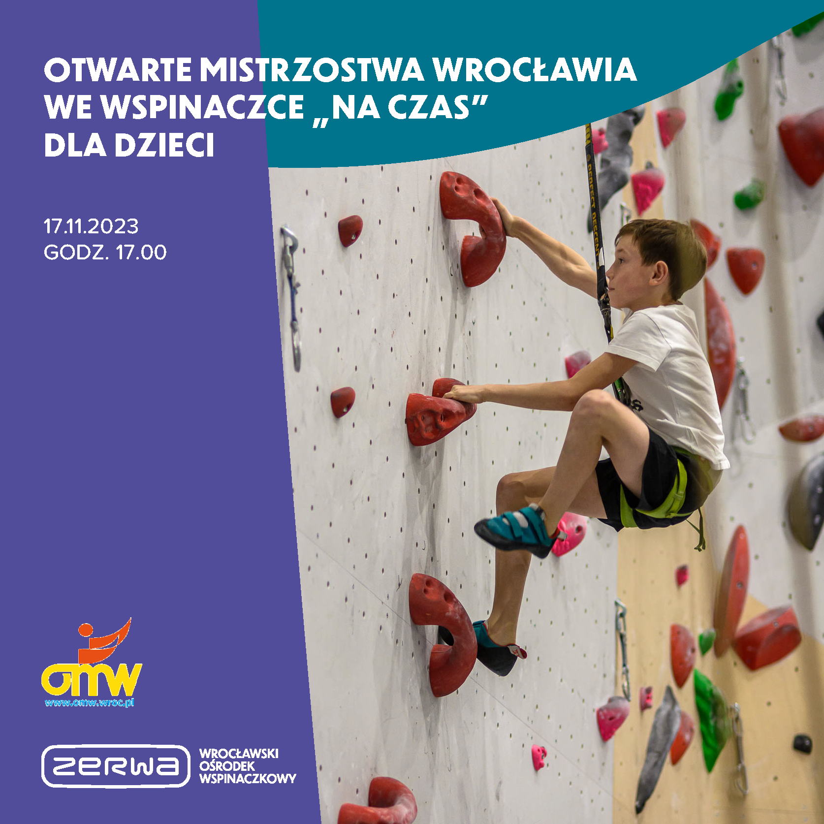 plakat otwartych mistrzostw Wrocławia we wspinaczce na czas dla dzieci